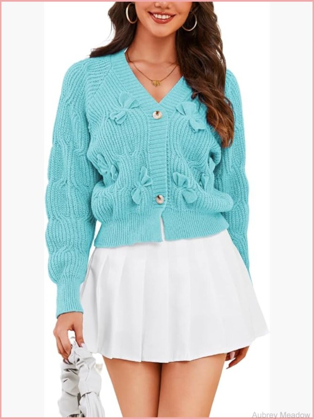 Cropped Bow Cardigan Button Down Long Sleeve Sweater Regular Fit Cute Sweet